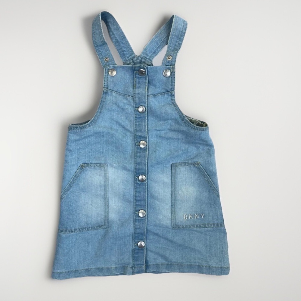 DKNY Girls Denim Jumper Dress Button Front Pocketed Strap Shoulders Overall Sz 6
